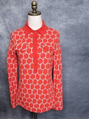 TALBOTS 70's Style Orange Chain Link Print Henley Polo Top Women's Size S